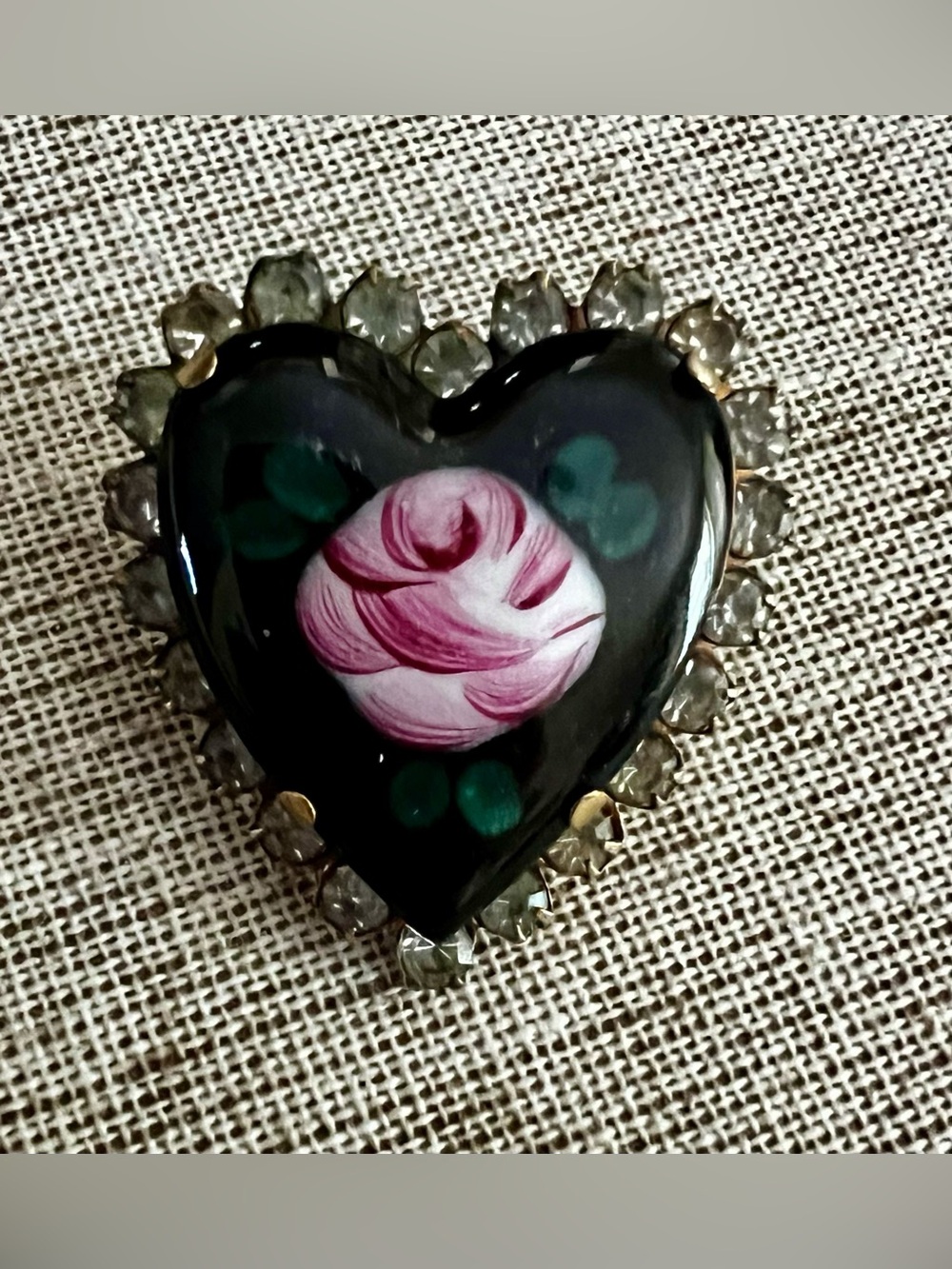 Vintage Guilloché Enamel Heart Rose Brooch Rhinestone Romantic Floral Love Pin